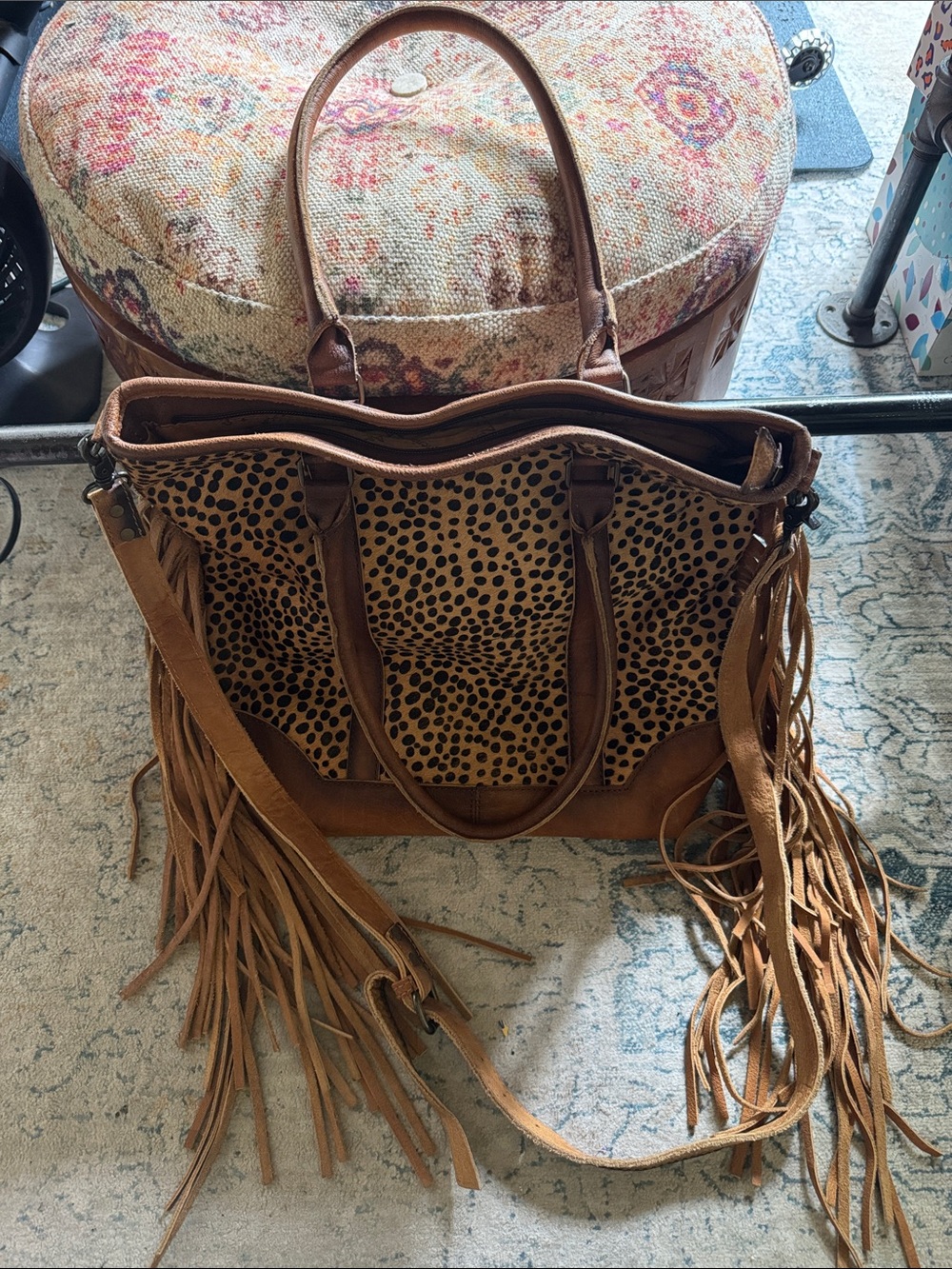 American Darling Tan Fringe Leopard-Print Shoulder Bag